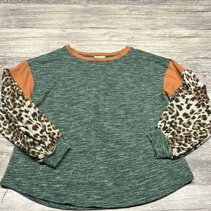 Green, orange and leopard top